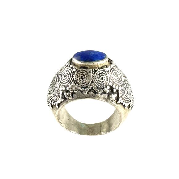 Vintage Afghan Lapis Lazuli Handmade Silver Tall Hollow Ring US Sz 8 - Picture 1 of 9
